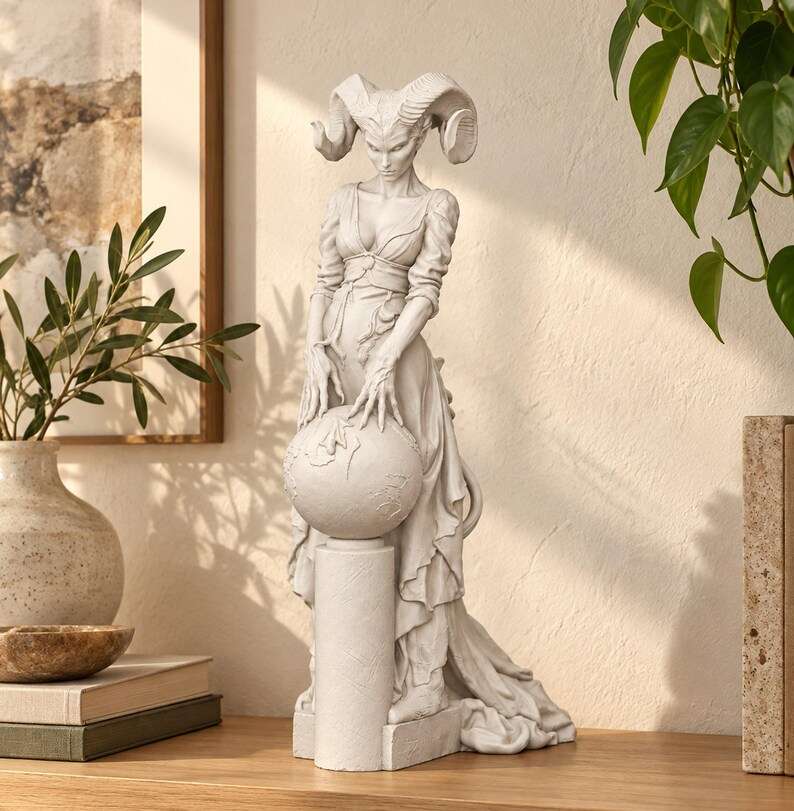 Statua gotica bianca di donna con corna d'ariete su mensola con libri e pianta sullo sfondo