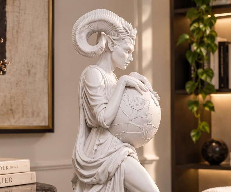 Primo piano laterale della statua bianca di figura cornuta con globo tra le mani, effetto gesso