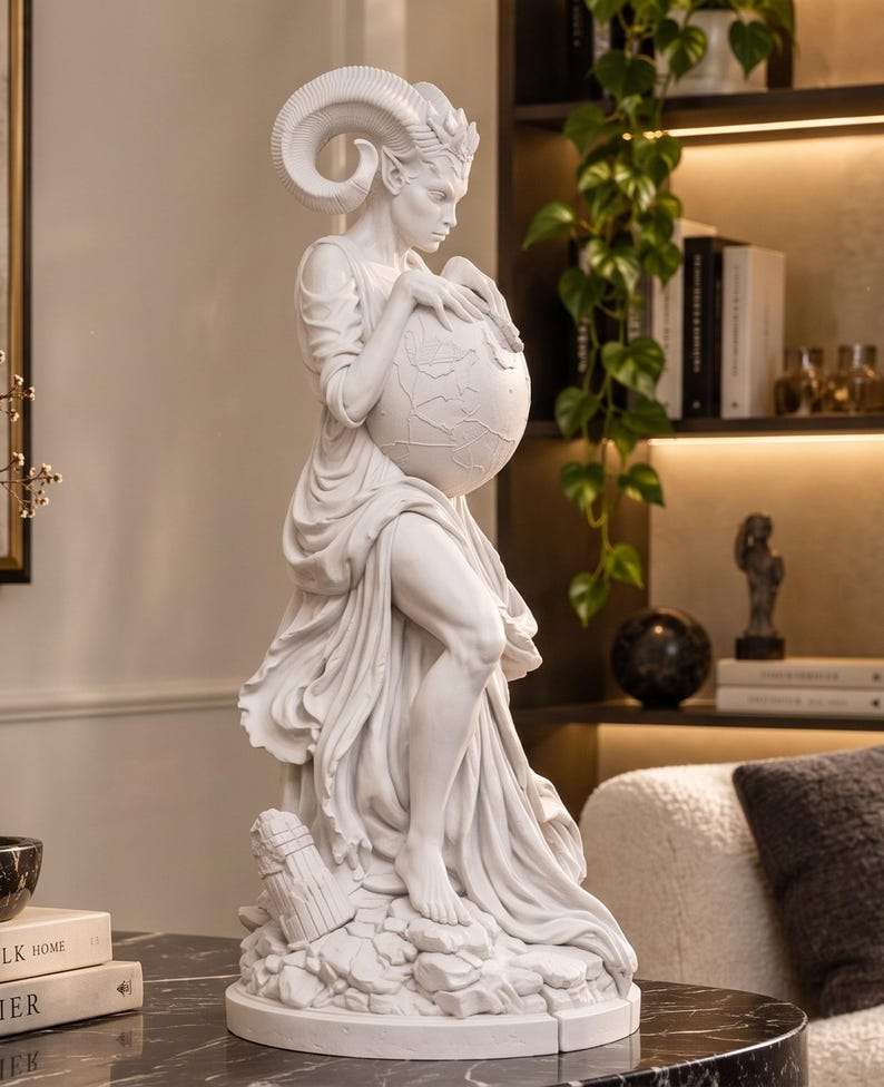 Statua bianca di creatura cornuta su base rocciosa mentre regge il mondo, decor gotico