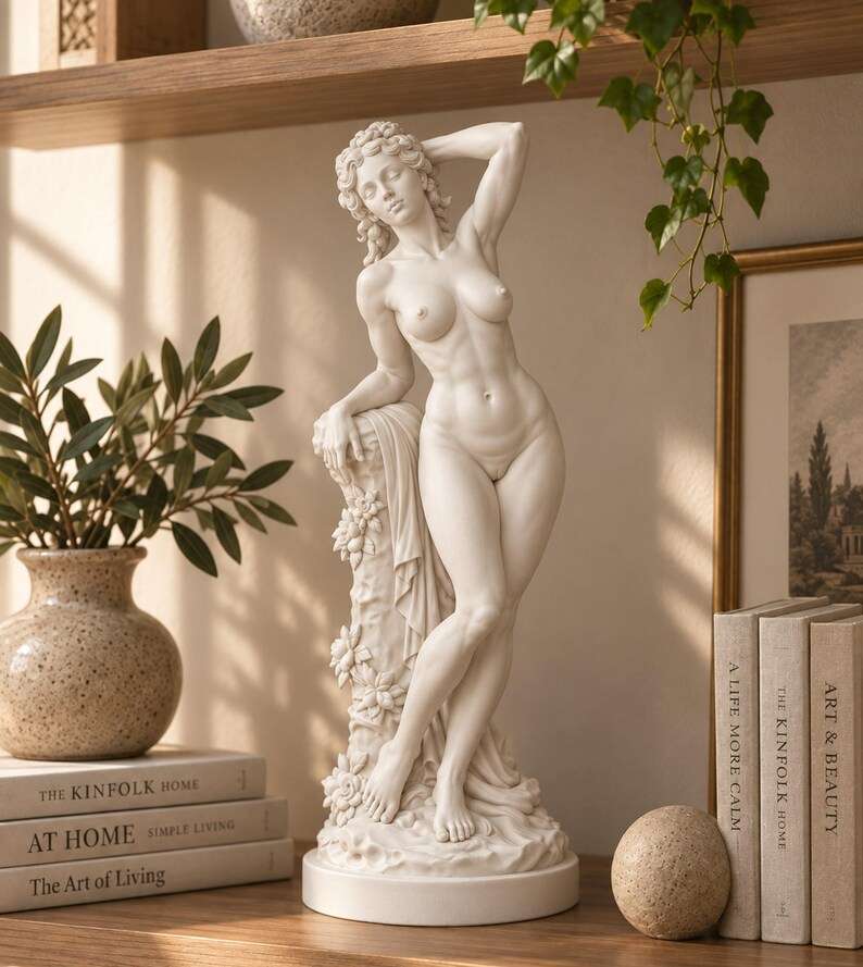 Primo piano frontale della statua di Venere bianca con lo sguardo rivolto in basso