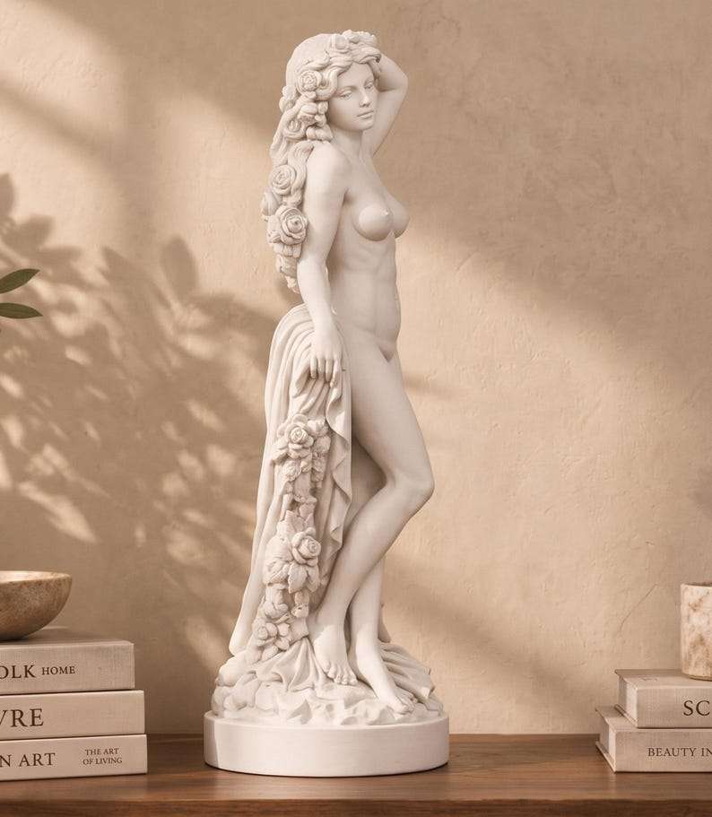 Primo piano di profilo della statua di Venere bianca con riccioli floreali e drappeggi