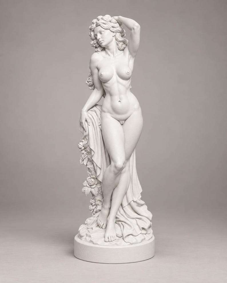 Statua bianca a figura intera di Venere con capelli ricci, fiori e drappeggio su fondo grigio