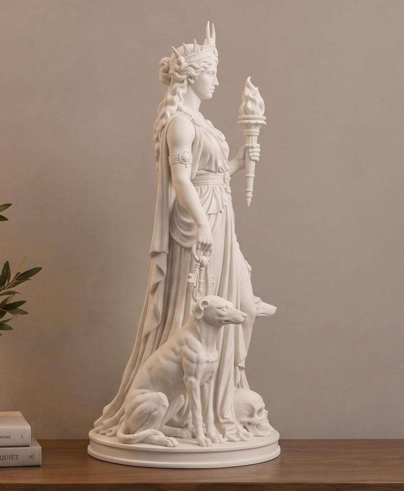 Vista laterale della statua di Ecate con torcia accesa e cani su ripiano in legno