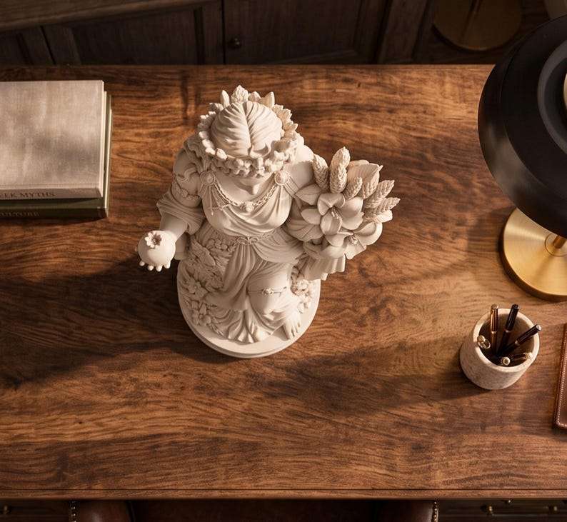 Statua di Persefone vista dall'alto su scrivania in legno accanto a libri e portapenne