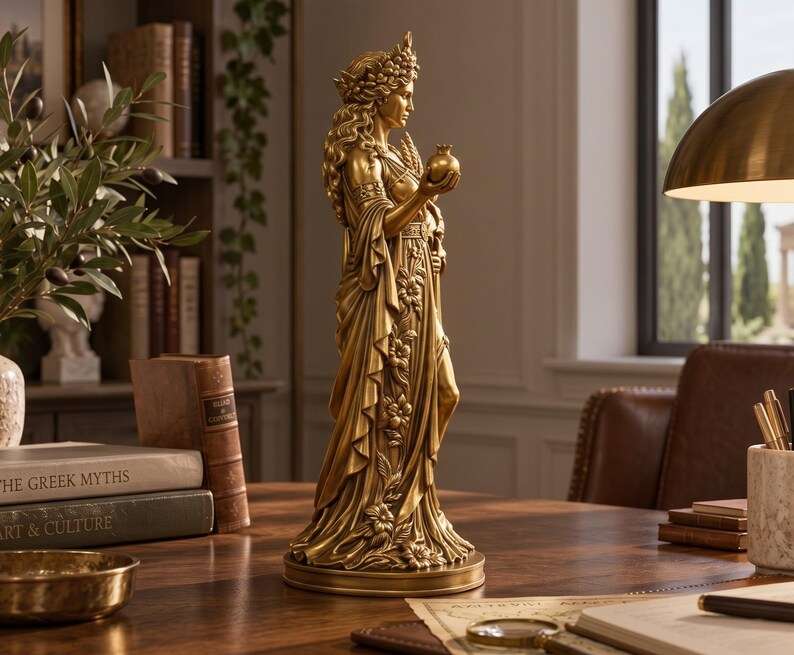 Vista di profilo della statuetta dorata con abiti drappeggiati e lunghi capelli ondulati