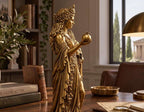 Primo piano laterale della statua dorata sulla parte superiore e sul melograno tenuto in mano