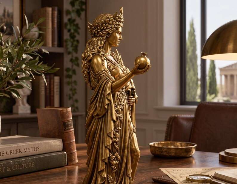Primo piano laterale della statua dorata sulla parte superiore e sul melograno tenuto in mano