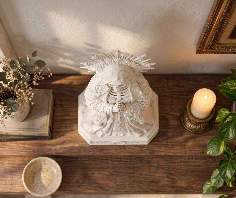 Statua Santa Muerte Effetto Gesso Bianco — Scheletro con Rosario e Corona a Raggi, Decor Gotico