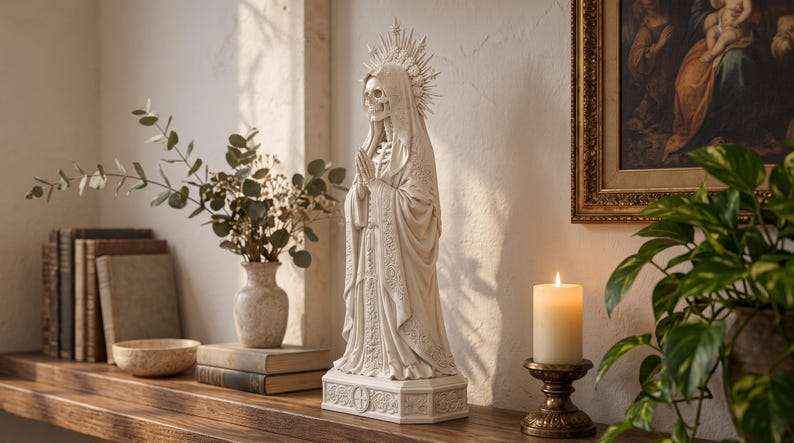 Statua Santa Muerte Effetto Gesso Bianco — Scheletro con Rosario e Corona a Raggi, Decor Gotico