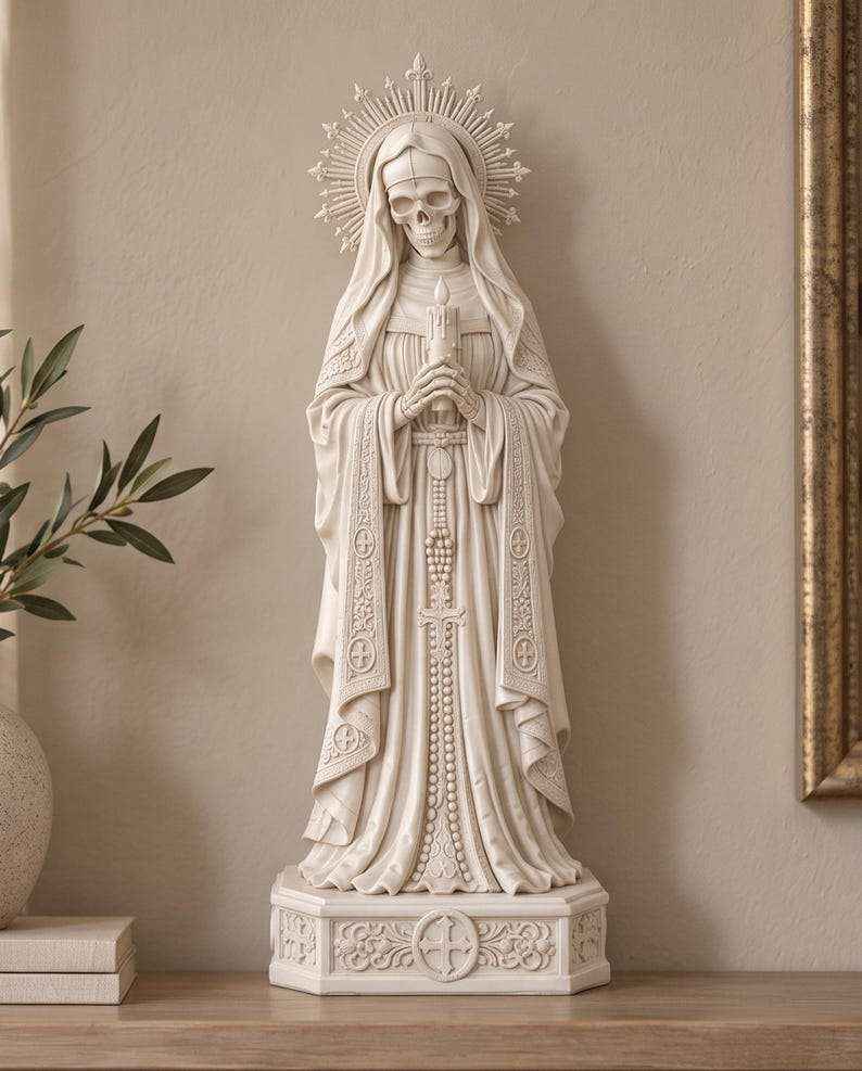 Statua Santa Muerte Effetto Gesso Bianco — Custode della Fiamma con Candela e Rosario, Decor Gotico