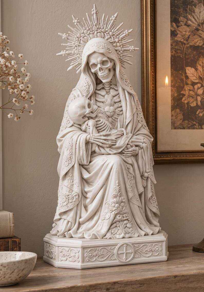 Statua Santa Muerte Effetto Gesso Bianco — Pietà Gotica con Scheletro in Braccio, Memento Mori