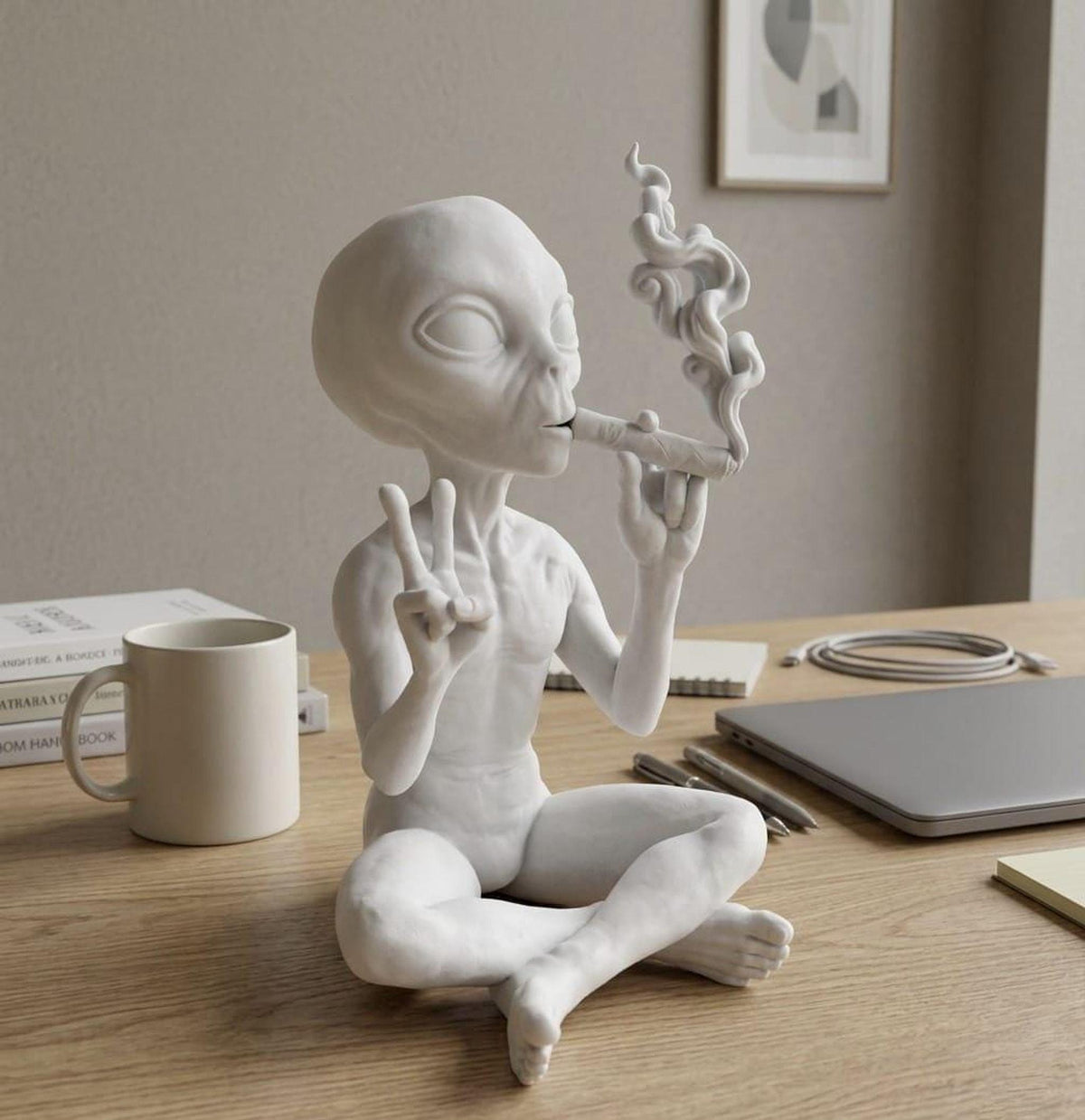 Alieno 'Chill' in Resina — Scultura Pop Art con Segno di Pace (Silver / Bianco)