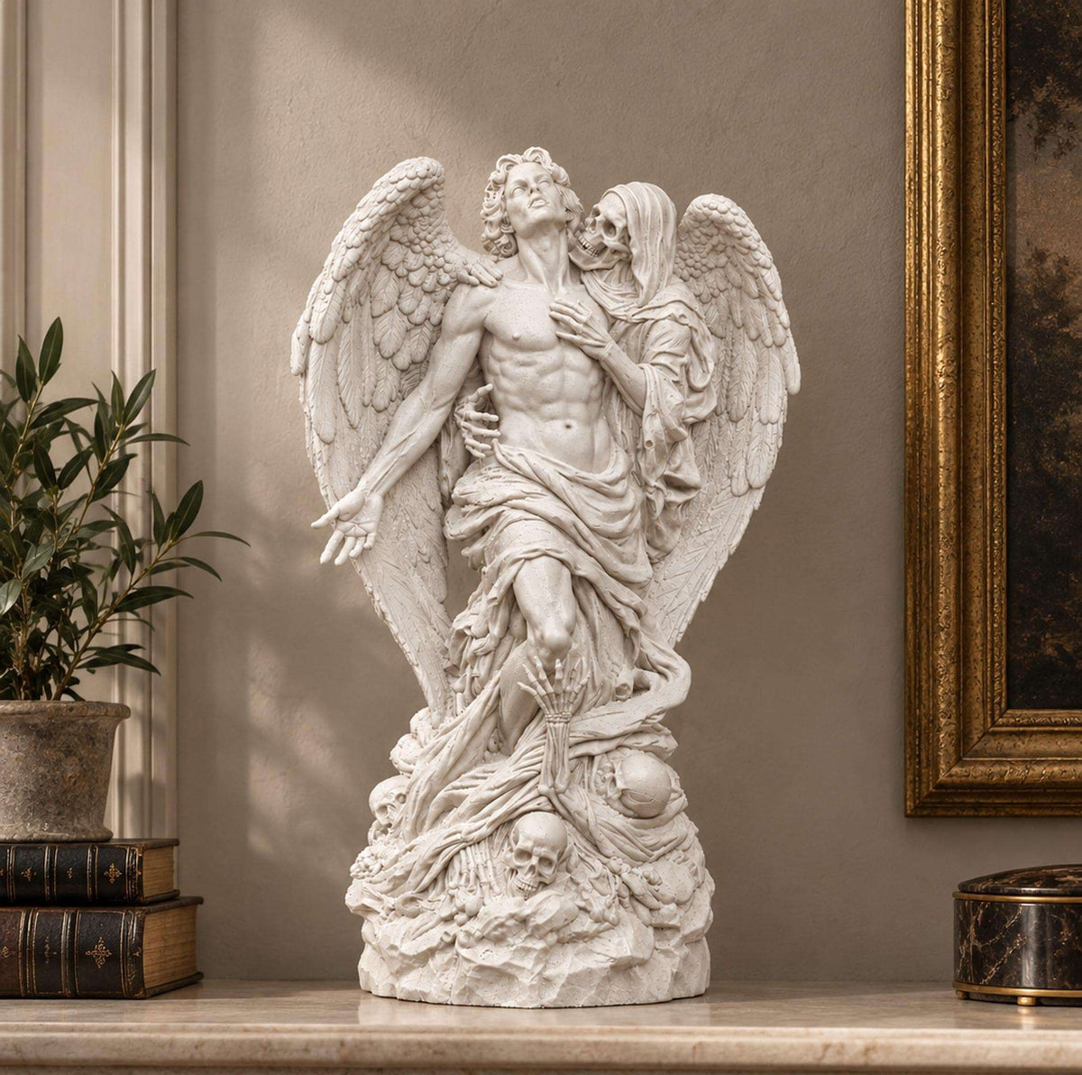 Statua Angelo della Morte in Resina Effetto Gesso — Scultura Gotica con Teschio (Et Angeli Moriuntur)