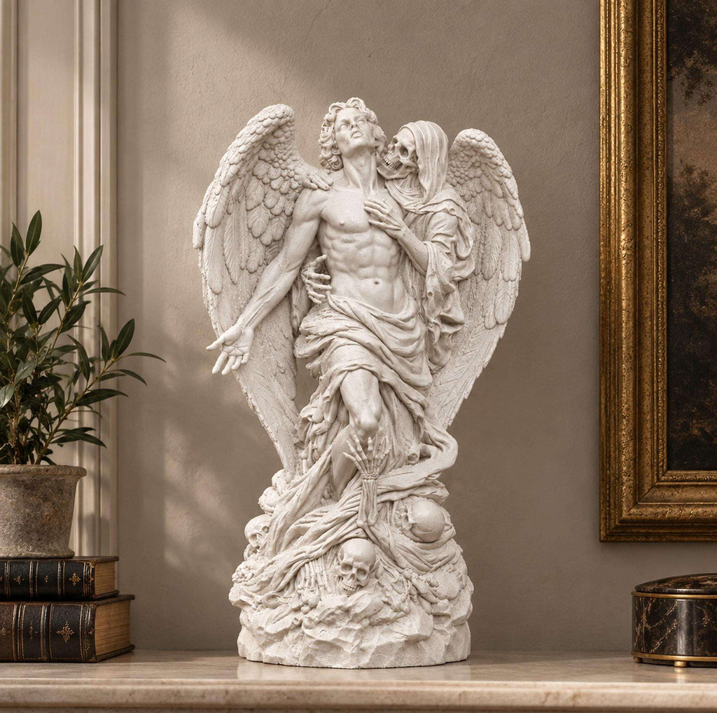 Statua Angelo della Morte in Resina Effetto Gesso — Scultura Gotica con Teschio (Et Angeli Moriuntur)