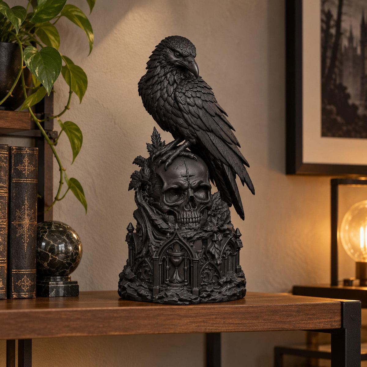 NEVERMORE — Statua Corvo Nero su Teschio in Resina | Scultura Gotica Memento Mori