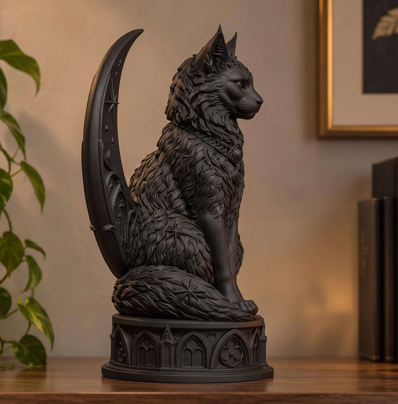 LUNARA — Statua Gatto Nero Guardiano della Luna in Resina | Scultura Gotica Witchy