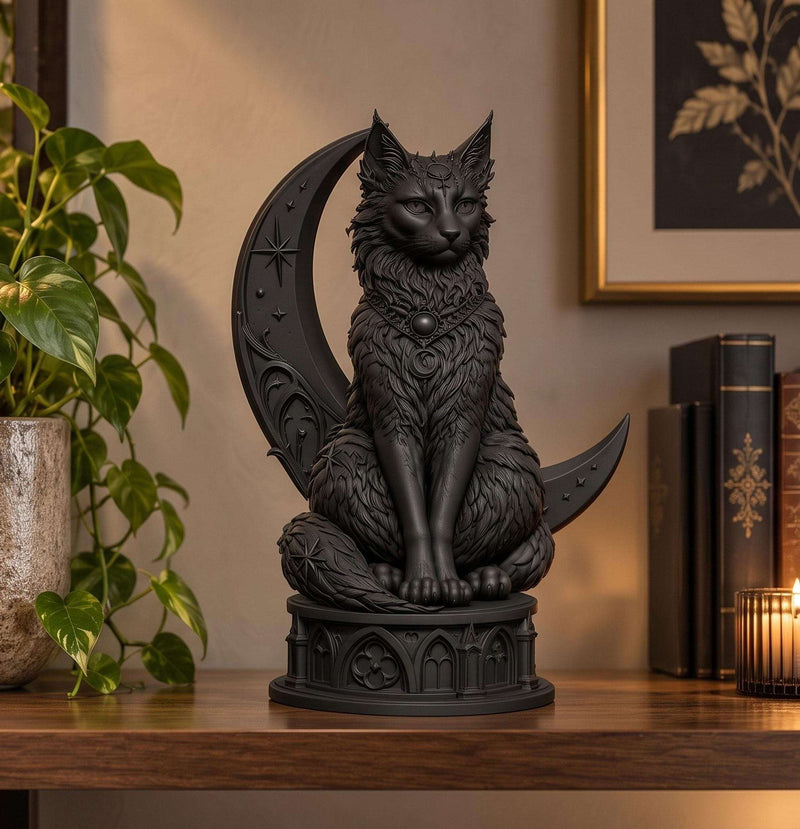 LUNARA — Statua Gatto Nero Guardiano della Luna in Resina | Scultura Gotica Witchy