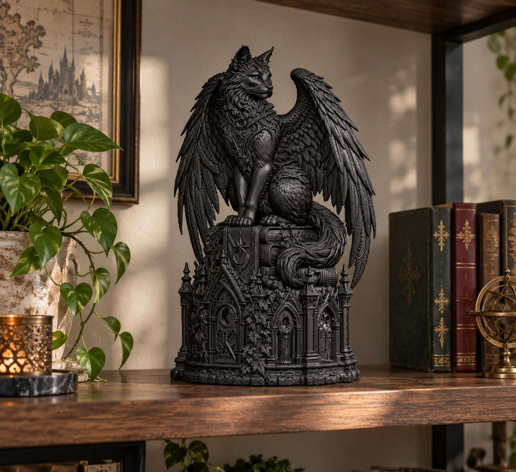 NOCTIS — Statua Gatto Alato Nero in Resina | Scultura Fantasy Gotica Dark Academia