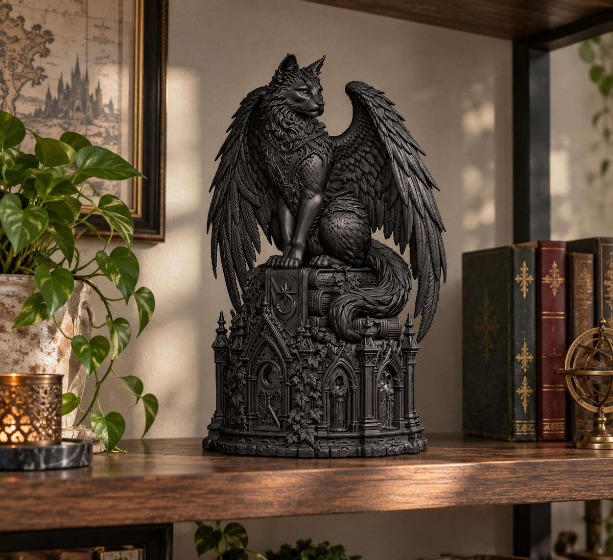 NOCTIS — Statua Gatto Alato Nero in Resina | Scultura Fantasy Gotica Dark Academia