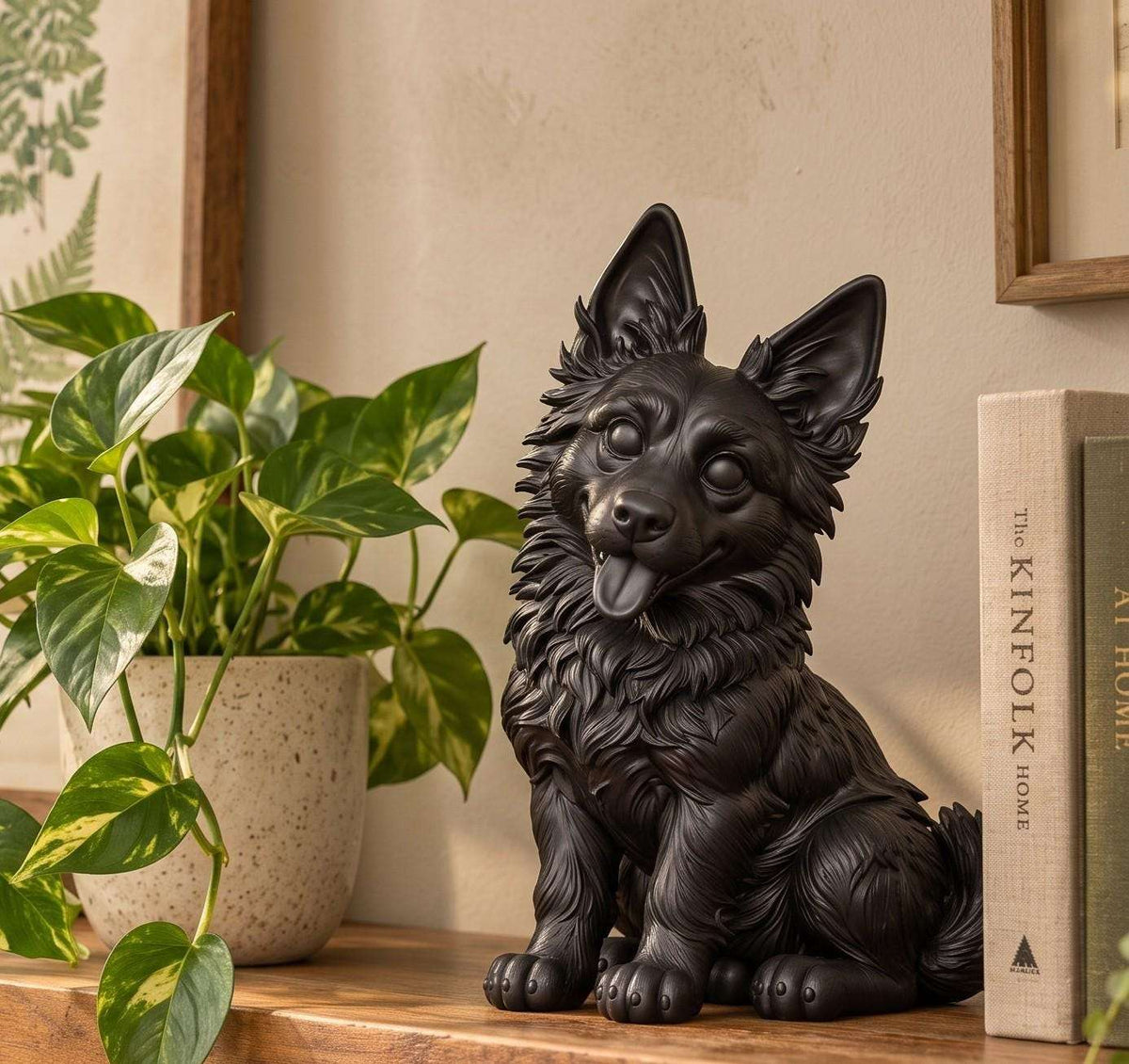 Statuetta Pastore Tedesco Cucciolo in Resina Nera Dipinta — Decorazione Cane Moderna