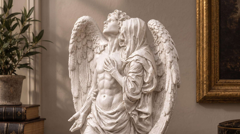 Statua Angelo della Morte in Resina Effetto Gesso — Scultura Gotica con Teschio (Et Angeli Moriuntur)