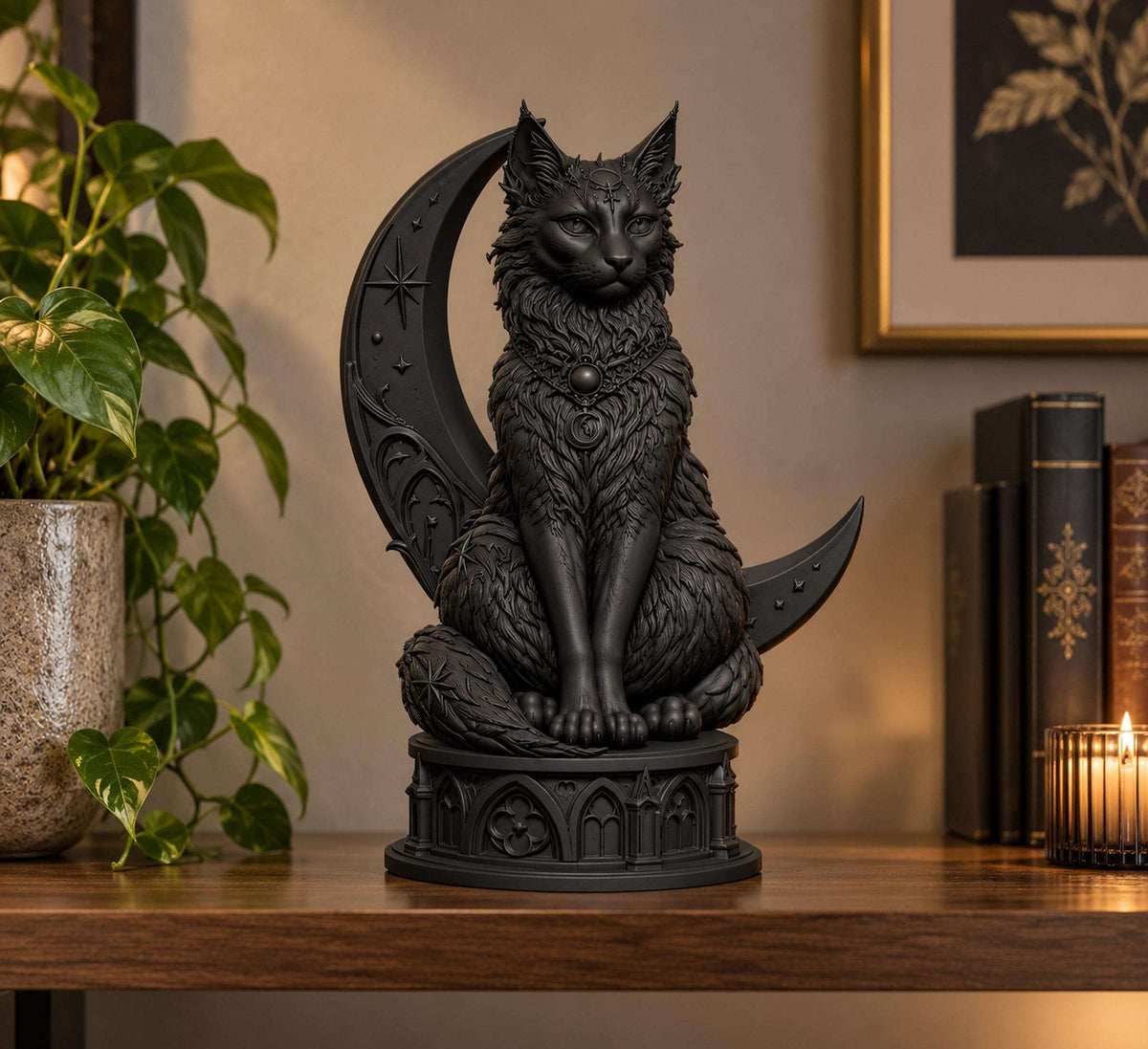 LUNARA — Statua Gatto Nero Guardiano della Luna in Resina | Scultura Gotica Witchy