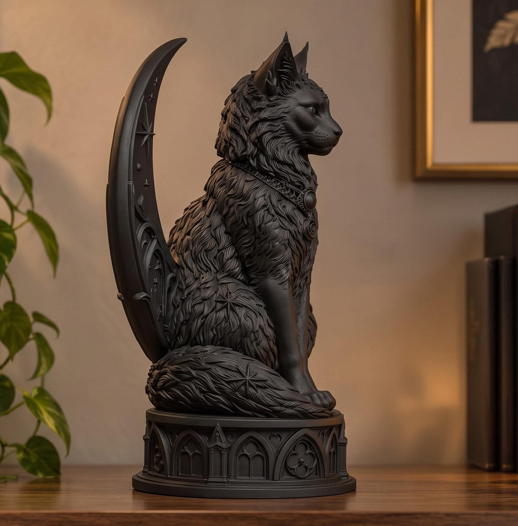 LUNARA — Statua Gatto Nero Guardiano della Luna in Resina | Scultura Gotica Witchy