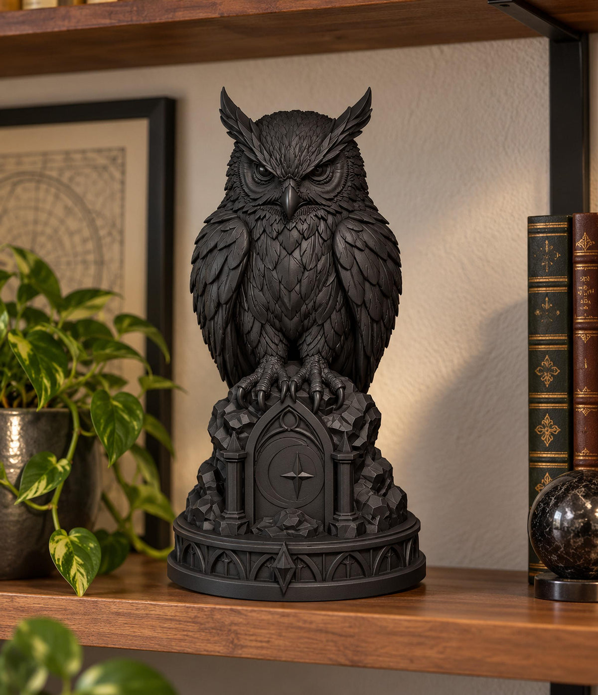 Statua Gufo Gotico Nero in Resina — Decorazione Dark Academia con Piume in Rilievo