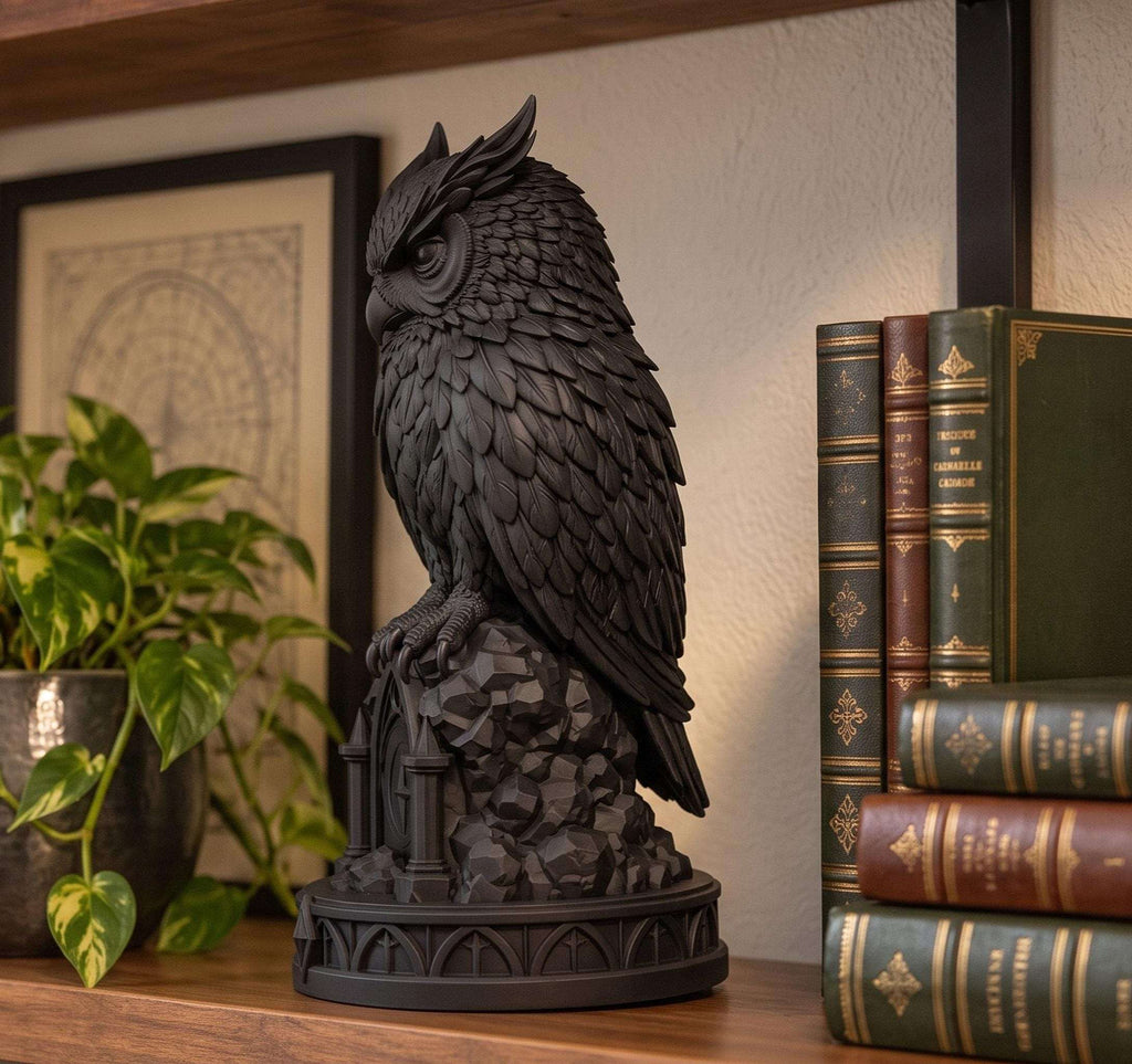 Statua Gufo Gotico Nero in Resina — Decorazione Dark Academia con Piume in Rilievo