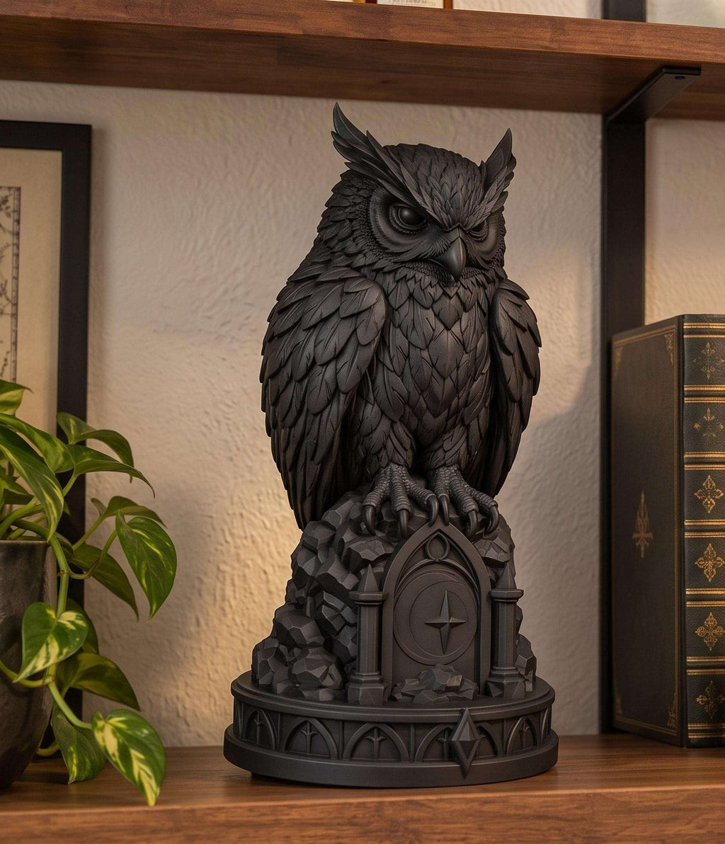 Statua Gufo Gotico Nero in Resina — Decorazione Dark Academia con Piume in Rilievo