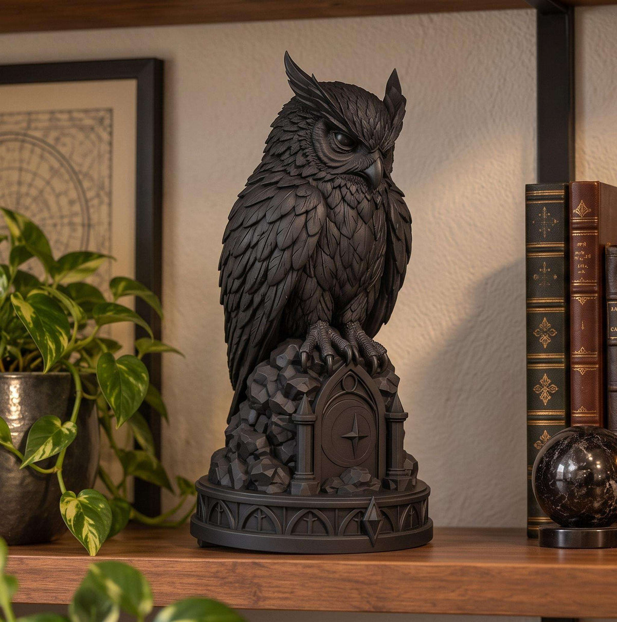 Statua Gufo Gotico Nero in Resina — Decorazione Dark Academia con Piume in Rilievo