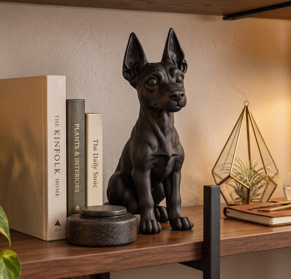 Statuetta Dobermann Cucciolo in Resina Nera — Scultura Cane Decorativa Moderna
