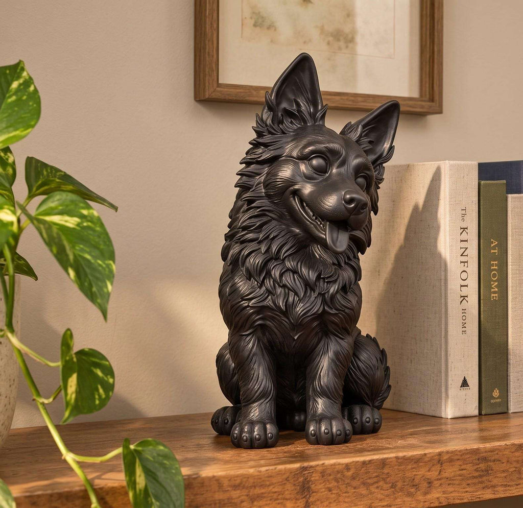Statuetta Pastore Tedesco Cucciolo in Resina Nera Dipinta — Decorazione Cane Moderna