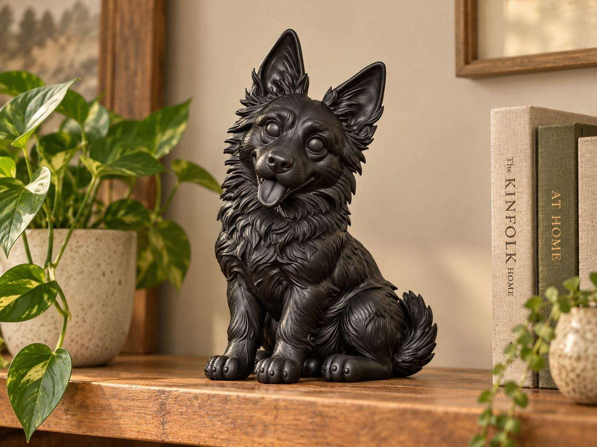 Statuetta Pastore Tedesco Cucciolo in Resina Nera Dipinta — Decorazione Cane Moderna