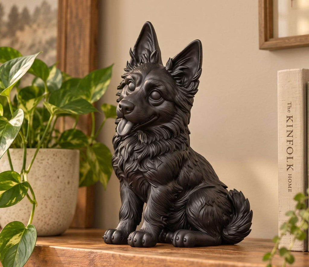 Statuetta Pastore Tedesco Cucciolo in Resina Nera Dipinta — Decorazione Cane Moderna