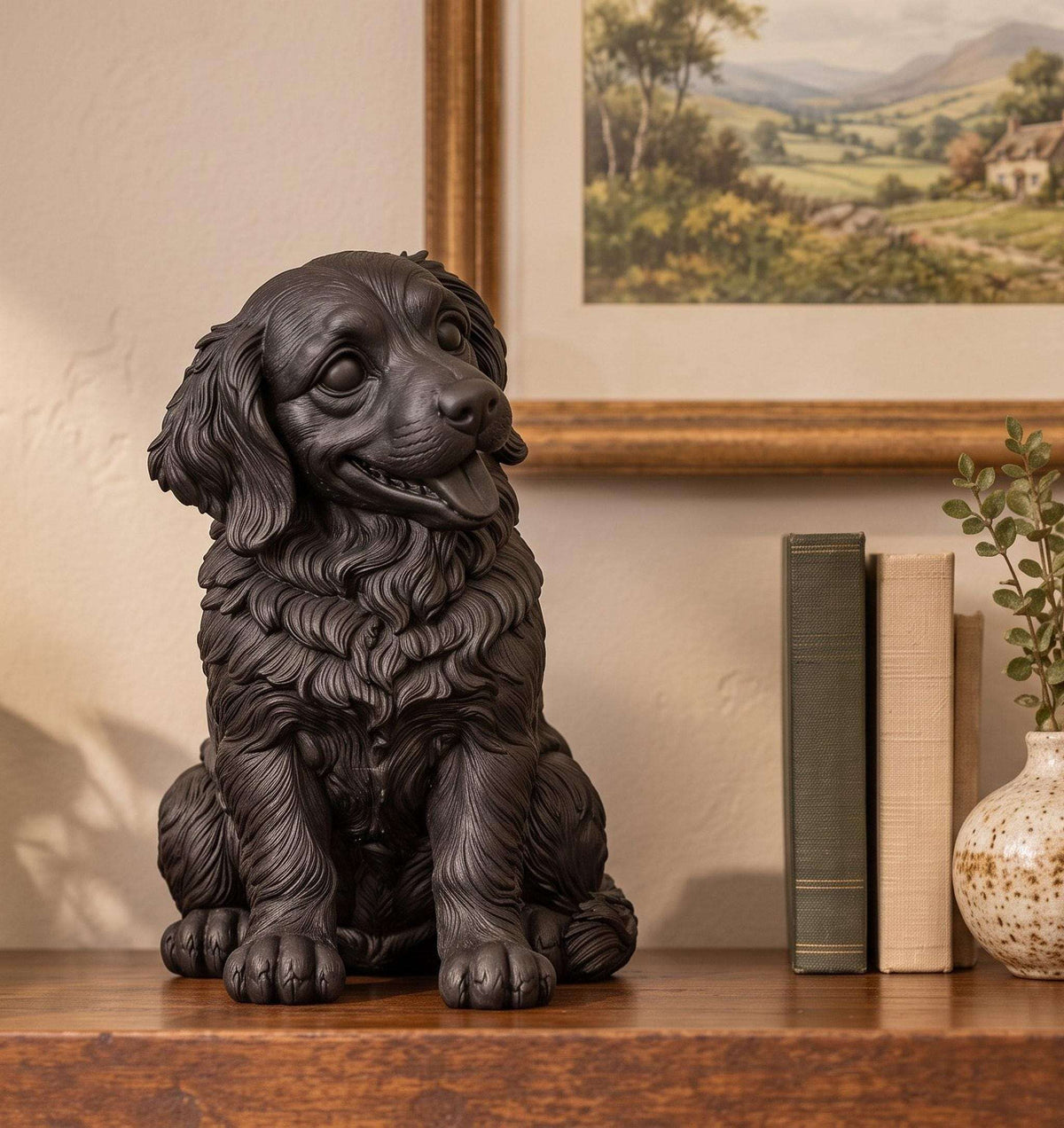 Statuetta Golden Retriever Cucciolo in Resina Nera — Decorazione Moderna