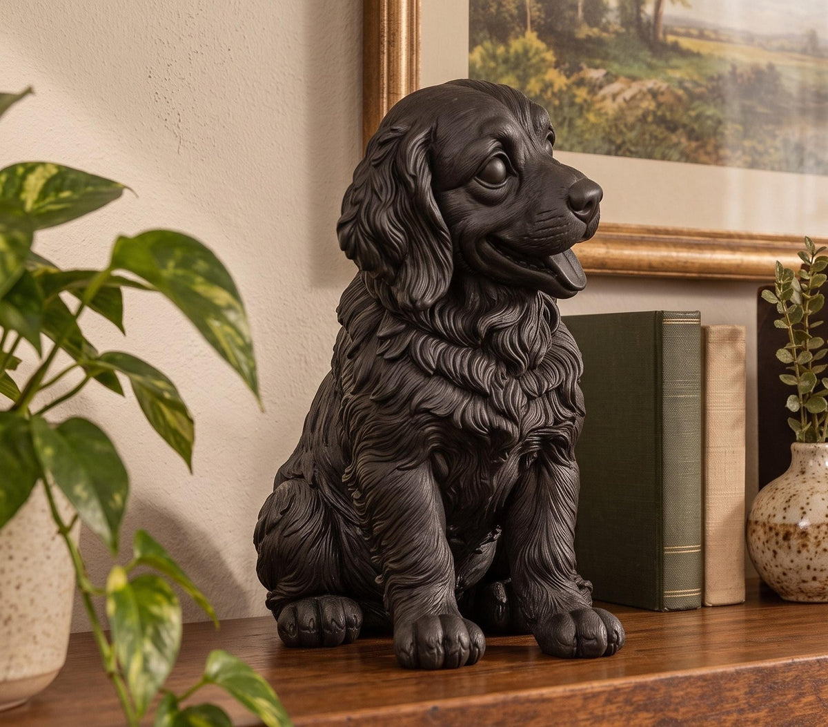 Statuetta Golden Retriever Cucciolo in Resina Nera — Decorazione Moderna