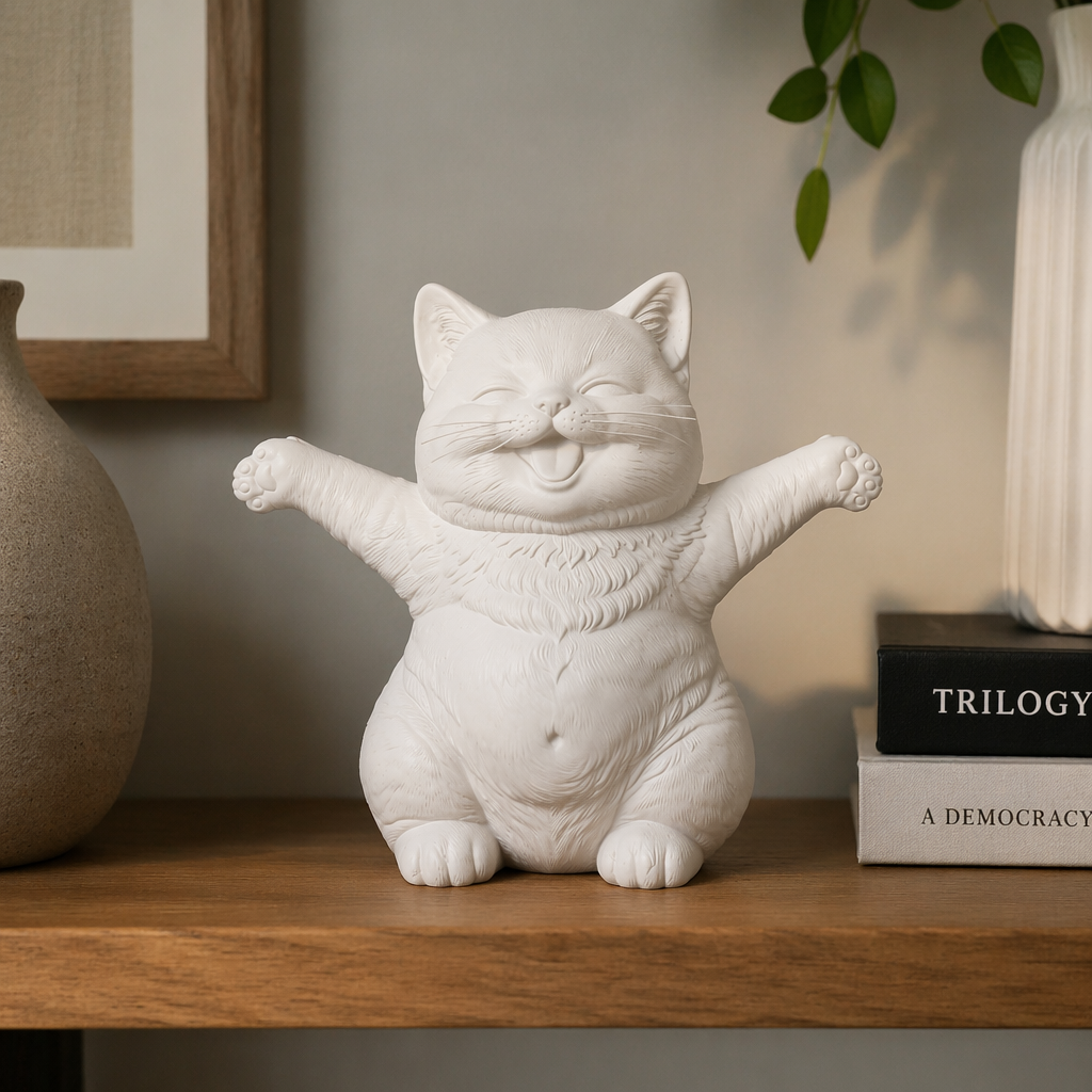 Statuetta Gattino Felice con Braccia Aperte in Resina Opaca Bianca o Nera – Scultura Decorativa Gatto Sorridente Portafortuna – Soprammobile Design Moderno Simbolo di Gioia, Positività e Fortuna  – Idea Regalo per Amanti dei Gatti e Cat Lover