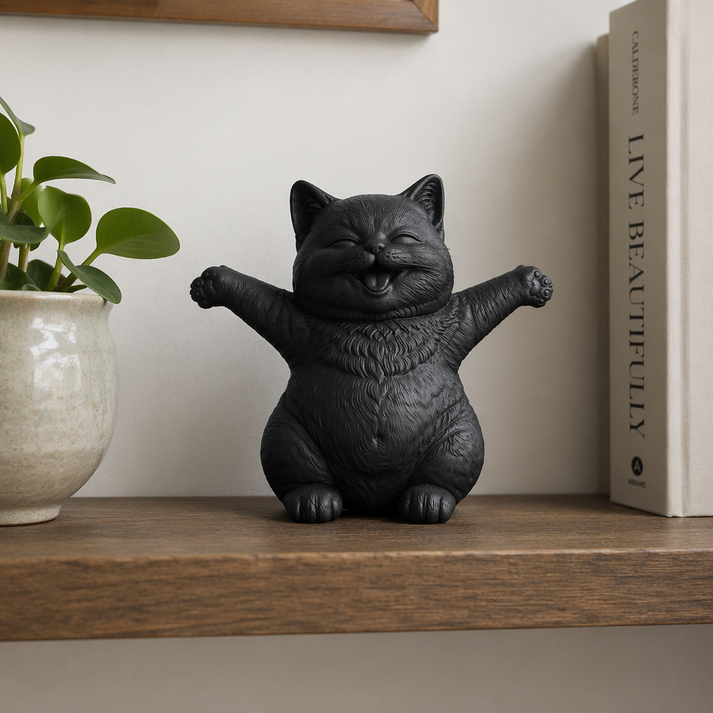 Statuetta Gattino Felice con Braccia Aperte in Resina Opaca Bianca o Nera – Scultura Decorativa Gatto Sorridente Portafortuna – Soprammobile Design Moderno Simbolo di Gioia, Positività e Fortuna  – Idea Regalo per Amanti dei Gatti e Cat Lover