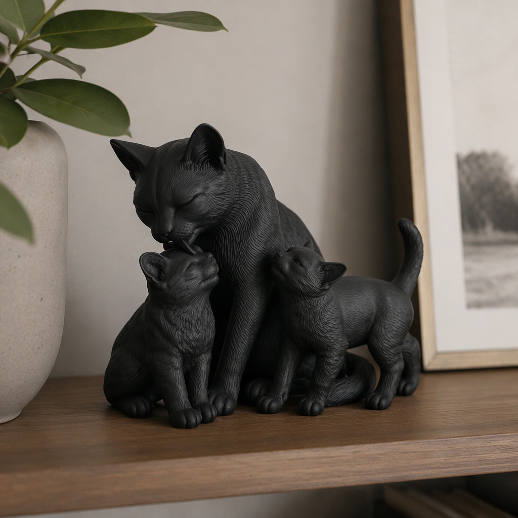 Statuetta Gatto Mamma con Due Gattini in Resina Opaca Bianca –– Simbolo di Amore Incondizionato, Famiglia, Affetto e Protezione – Soprammobile Elegante per Casa, Soggiorno, Camera da Letto, Libreria, Mensola e Ufficio – Idea Regalo per Amanti dei Gatti