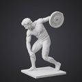 Discobolo moderno in resina bianca opaca con peso da palestra su piedistallo minimalista ispirato all'arte greca classica