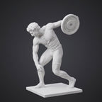 Discobolo moderno in resina bianca opaca con peso da palestra su piedistallo minimalista ispirato all'arte greca classica