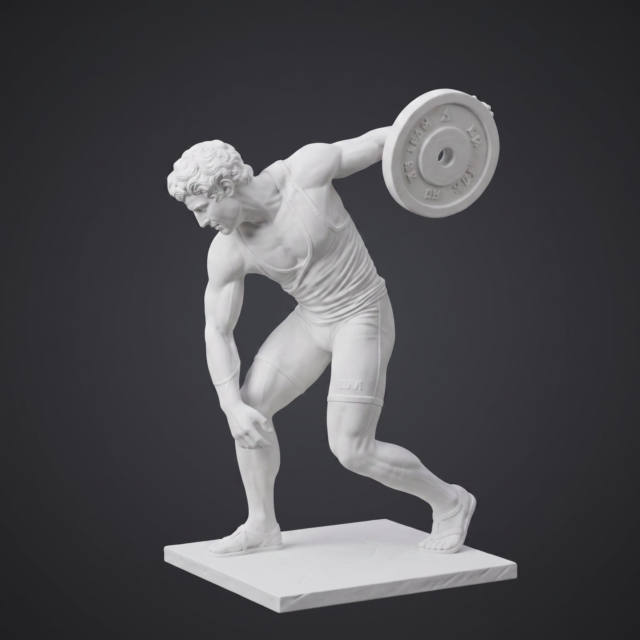 Discobolo moderno in resina bianca opaca con peso da palestra su piedistallo minimalista ispirato all'arte greca classica