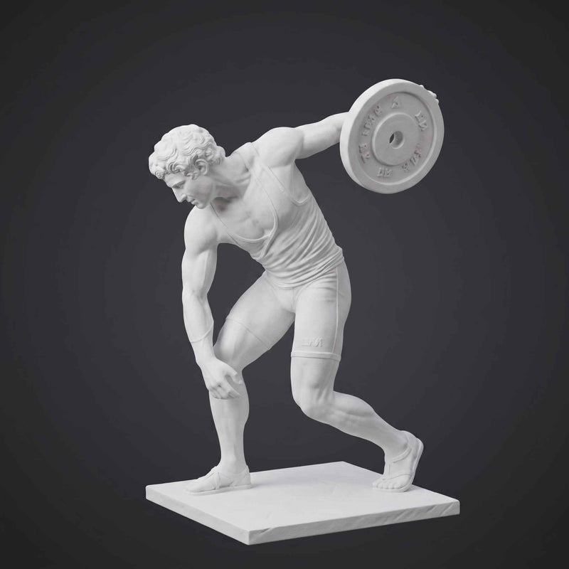 Discobolo Moderno con Peso da Palestra in Resina Effetto Gesso Bianca Opaca – Statua Ispirata all'Arte Greca Classica – Scultura Fitness Contemporanea