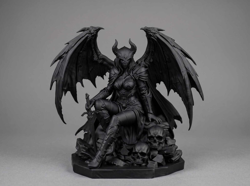 Statuetta Morrigan gotica con ali da drago, trono di teschi e spada, design dark fantasy dettagliato.