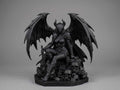 Statuetta Morrigan gotica con ali da drago, trono di teschi e spada, design dark fantasy dettagliato.