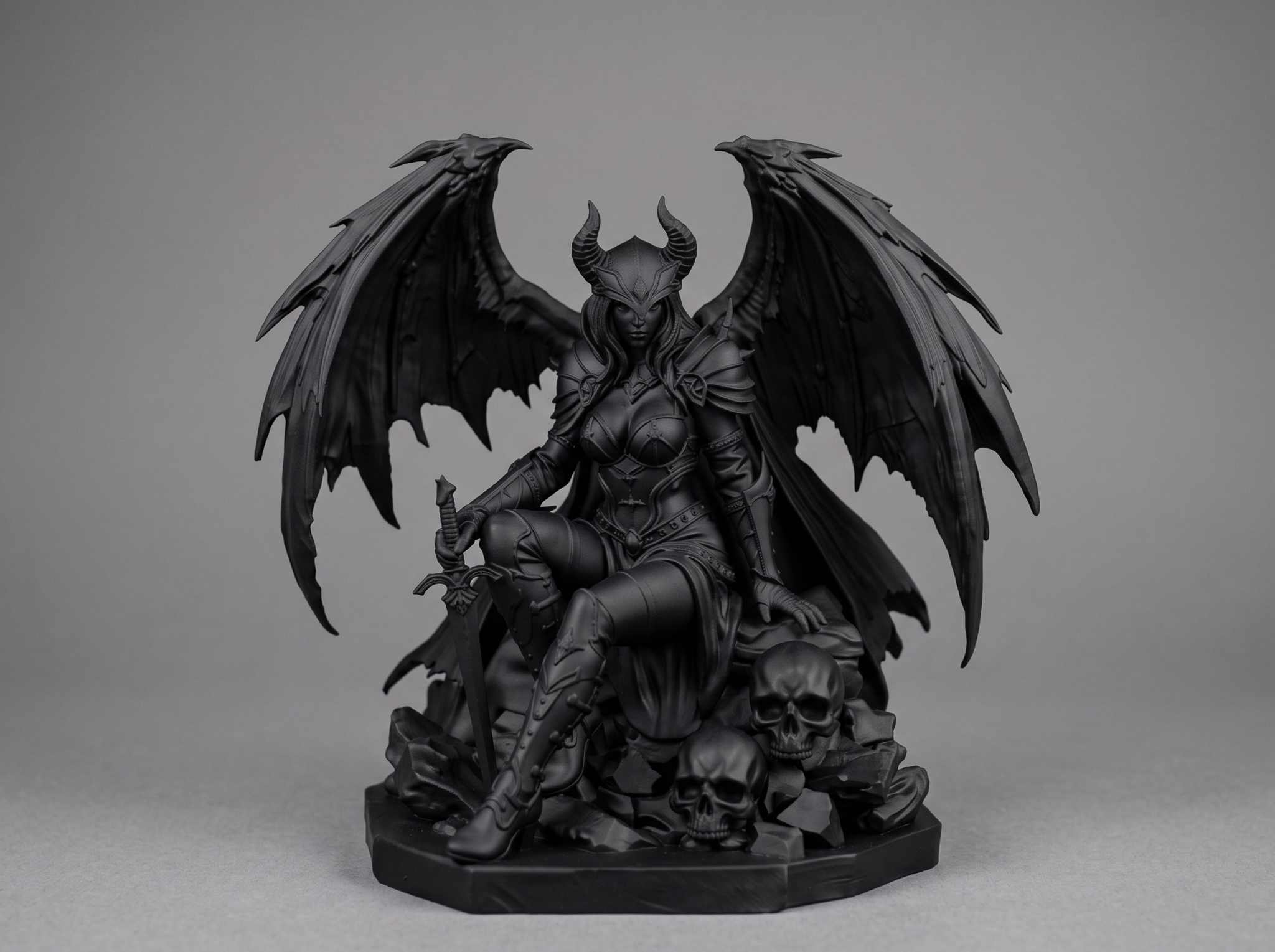 Statuetta Morrigan gotica con ali da drago, trono di teschi e spada, design dark fantasy dettagliato.