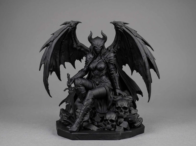 Statuetta Morrigan gotica con ali da drago, trono di teschi e spada, design dark fantasy dettagliato.