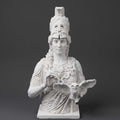Busto di Atena Parthenos in resina con elmo corinzio e civetta, scultura artigianale italiana ideale per decorazioni neoclassiche e spazi di studio