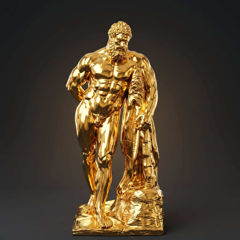 Statua dorata Ercole Farnese in resina con finitura oro lucido e dettagli anatomici classici